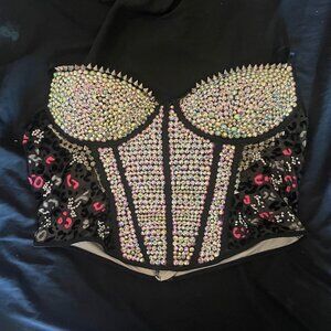 Lace Bustier Upcycled Beaded Rhinestones Crystals Corset Punk Goth BDSM